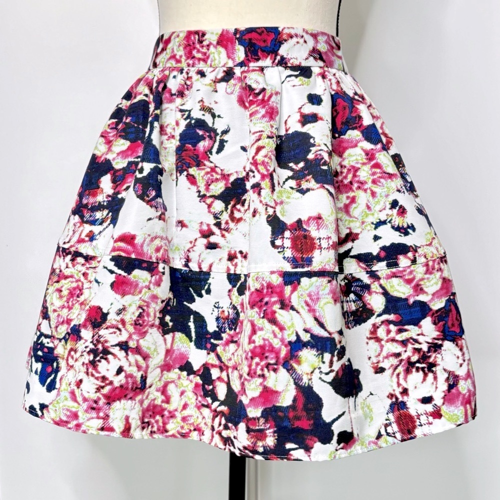 Floral A-line Tiered Full Mini Skirt Textured Grosgrain Fabric Lined w Pockets 4 - Picture 2 of 15